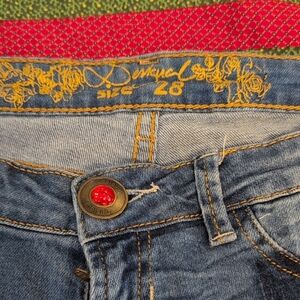 Desigual Blue Denim Jeans with Yellow Stitching and Red Button Accent